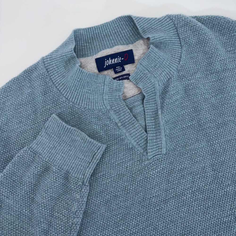 Johnnie-O Mens XL‎ Blue Waffle Knit Notched V-Neck Pullover Sweater Cotton Blend